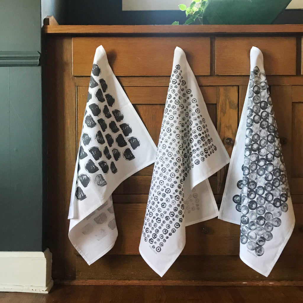 Row of 3 hanging veggie printed tea towels by Betsy Marie