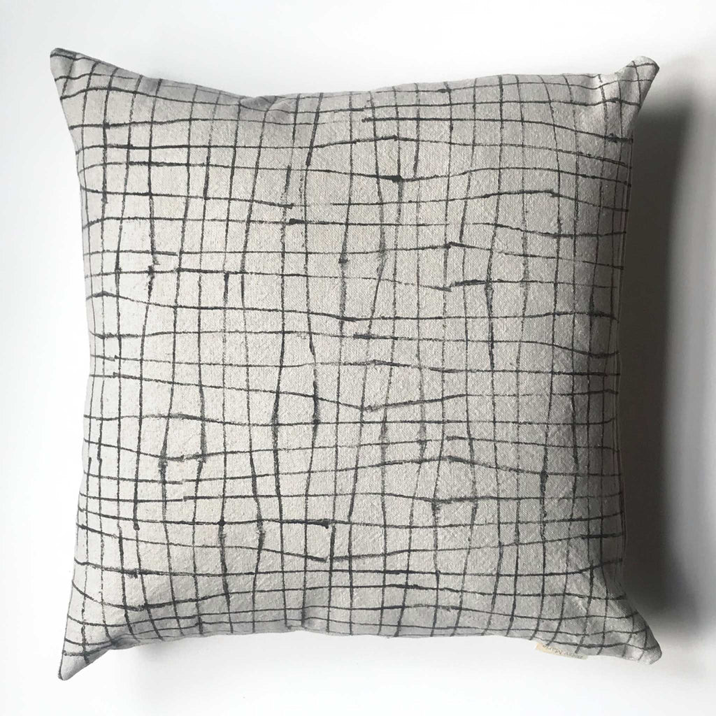 Betsy Marie hand printed pillow using celery to print grid pattern