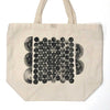 Betsy Marie veggie print, black ink impression of leeks and onions on 100% recycled cotton tote