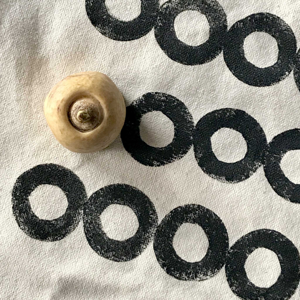 Betsy Marie veggie print, black ink impression of parsnip
