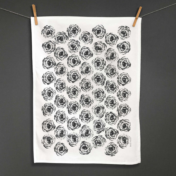 Betsy Marie's veggie printed tea towel with a graphic pattern made from printing bok choy